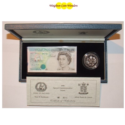 1990 £5 Note and Silver Proof £5 Crown - Queen Mother 90th